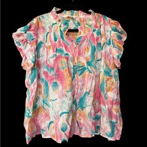 BiBi Multicolor Floral Watercolor Ruffle Blouse